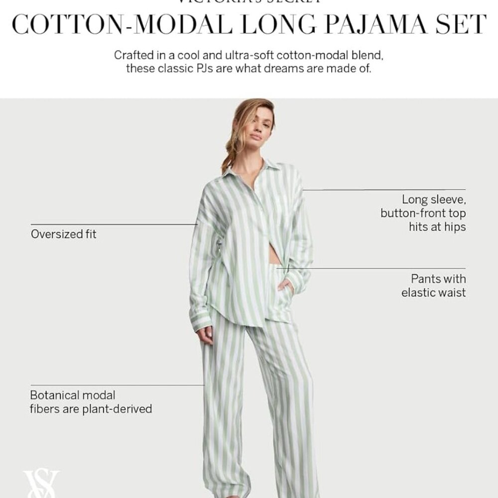 Victoria's Secret Cotton Modal Green Stripe Pajama Long Sleeve Set 2X